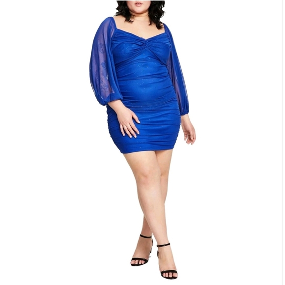 B. Darlin Blouson Mesh Sleeve Ruched Bodycon Dress Women's Plus 14W Blue NWT - Picture 1 of 9